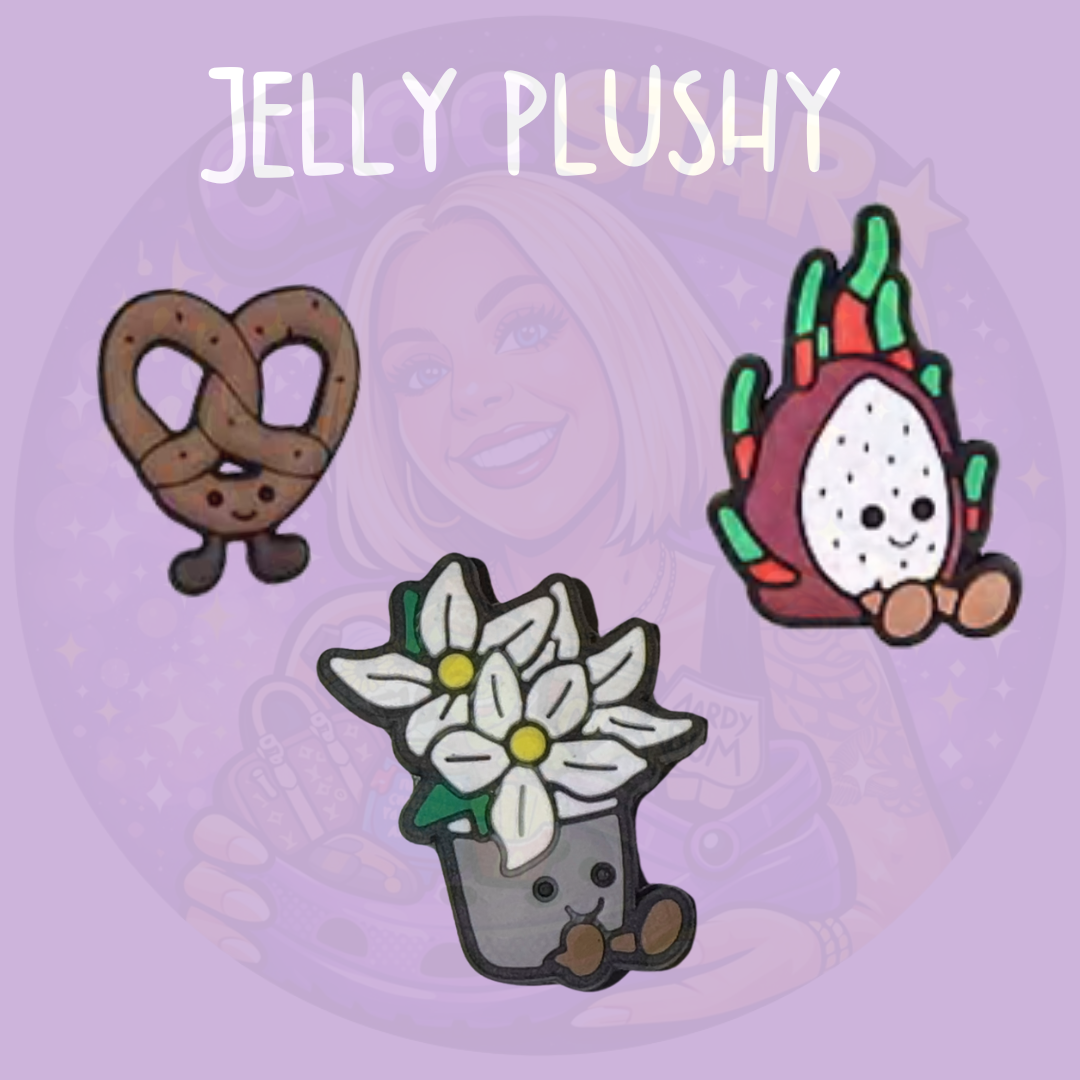 Cute plush-style Croc charms featuring pretzel, dragon fruit and orchid designs