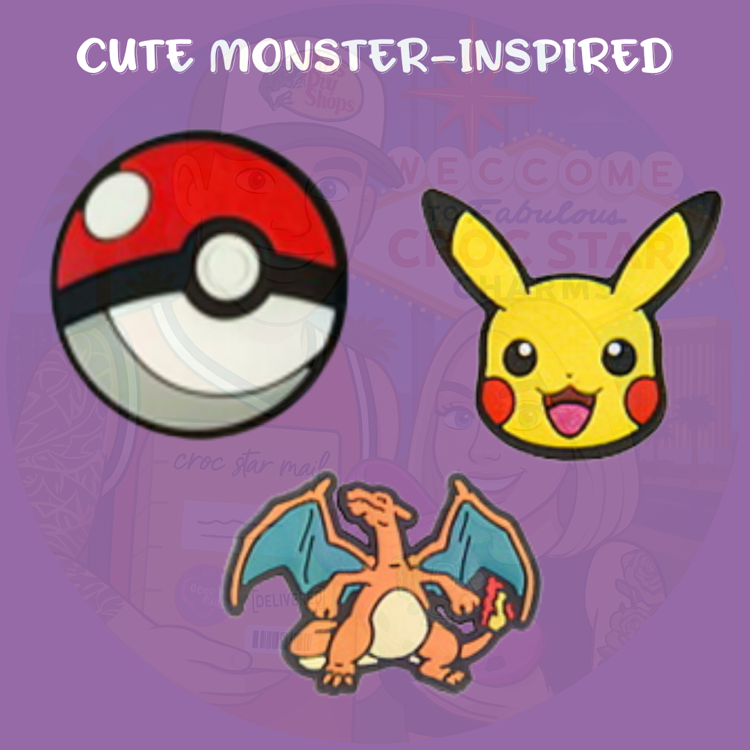 Poké Ball style croc charms and cute monster shoe accessories