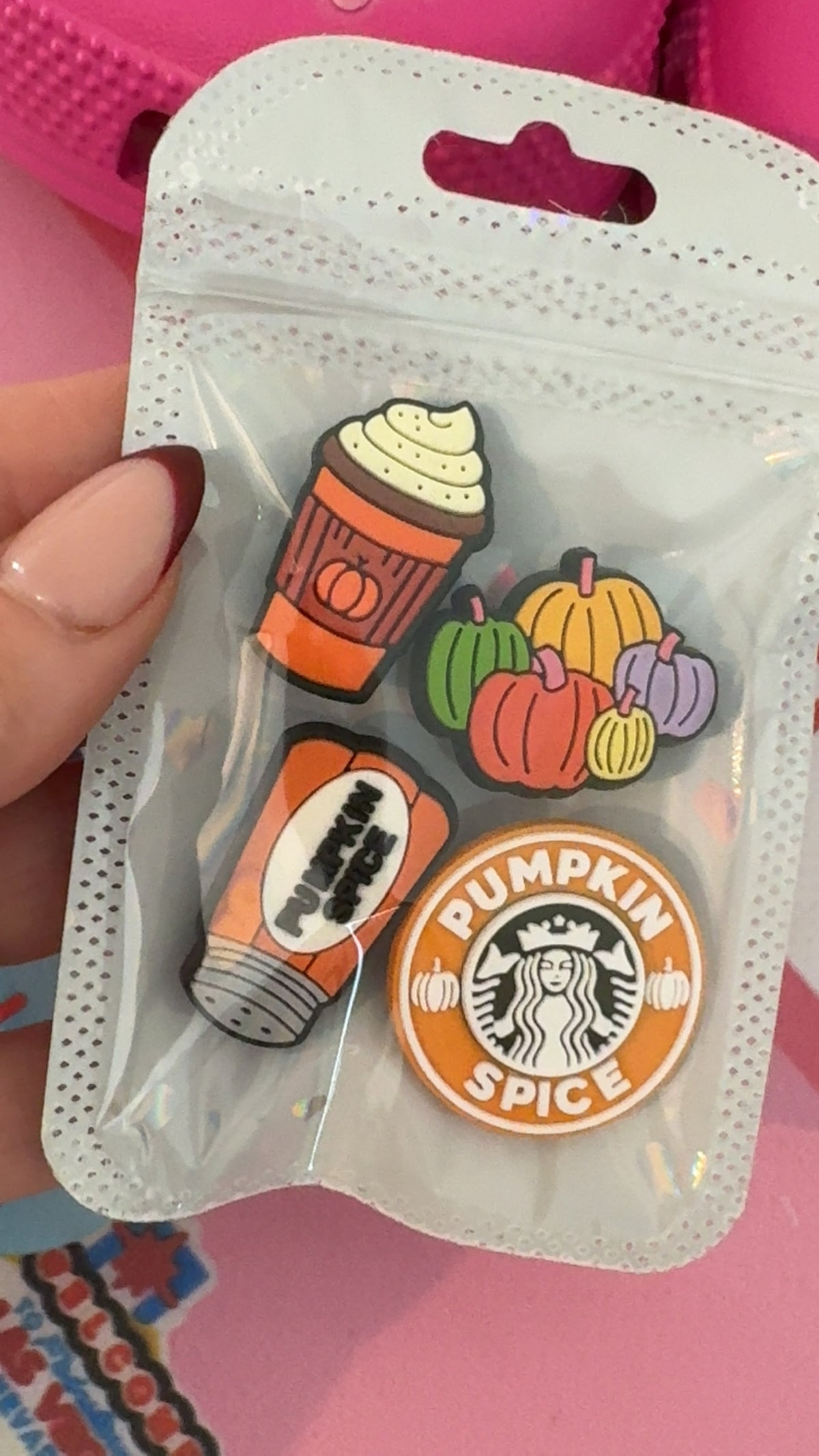 Four-piece pumpkin spice autumn shoe charm set with coffee and pumpkin designs