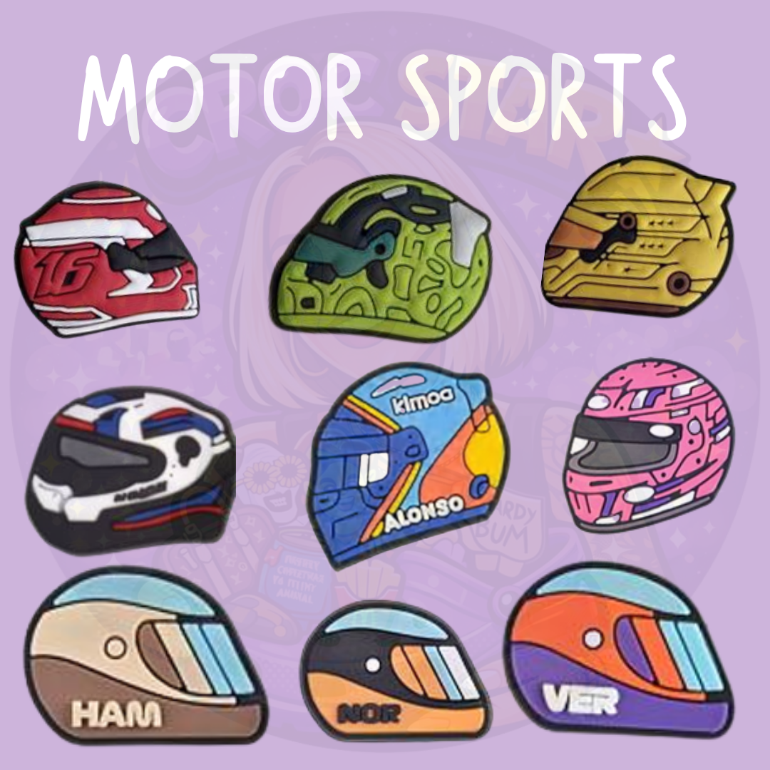Collection of colourful racing helmet croc charms inspired by motorsport and Formula style designs on a purple background