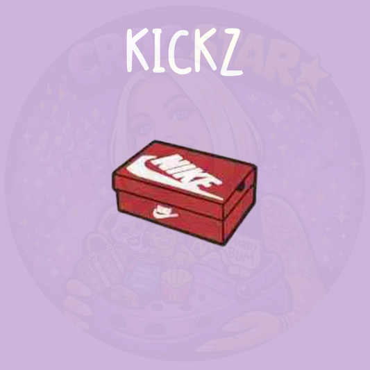 Red sneaker box inspired croc charm with white logo style design on a purple background