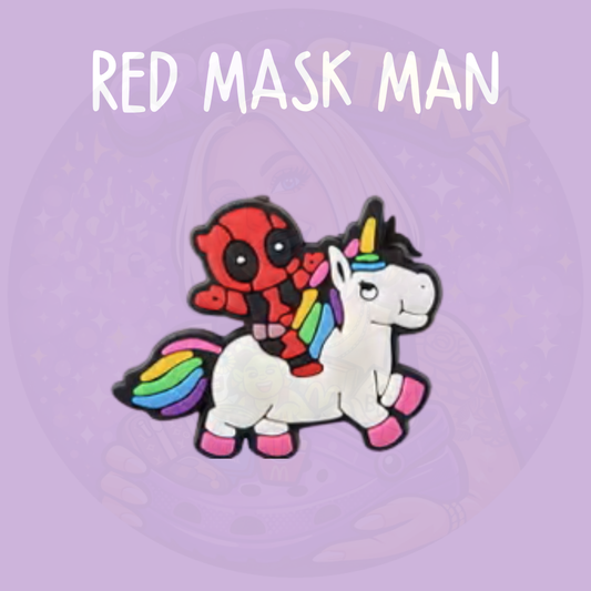 unicorn croc charm inspired by red masked superhero aesthetic
