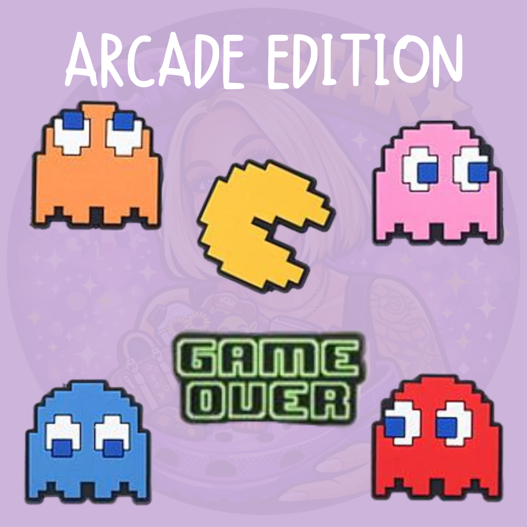 Retro arcade Croc charms featuring Pac-Man style character and colourful ghosts