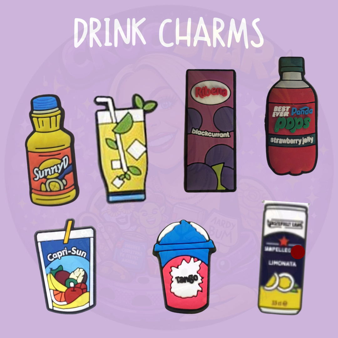 Retro drink croc charms featuring colourful nostalgic beverage designs
