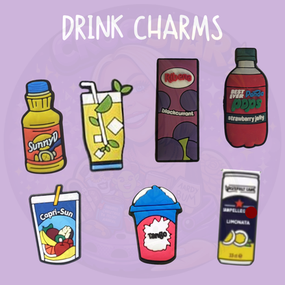 Retro drink croc charms featuring colourful nostalgic beverage designs
