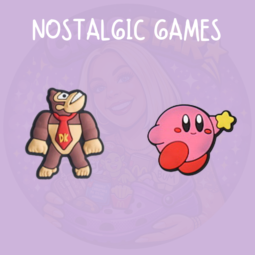 Retro gaming Croc charms featuring Donkey Kong and Kirby character designs