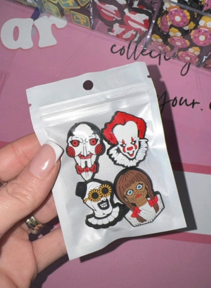 4 Horror Shoe Charms | Scary Movie Inspired Shoe Charm Bundle | Halloween Clog Charms | Spooky Shoe Accessories | Horror Gift