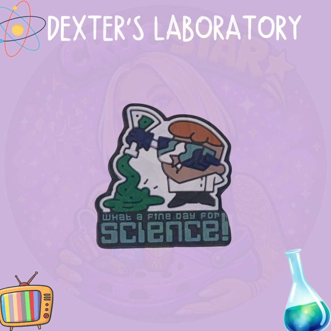 Science lab croc charm with retro cartoon design
