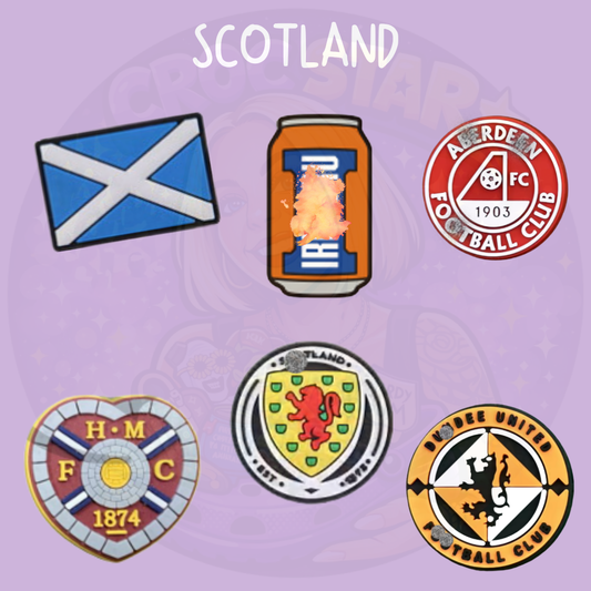 Scottish Croc charms featuring the Scotland flag, Irn-Bru can and Scottish football club designs