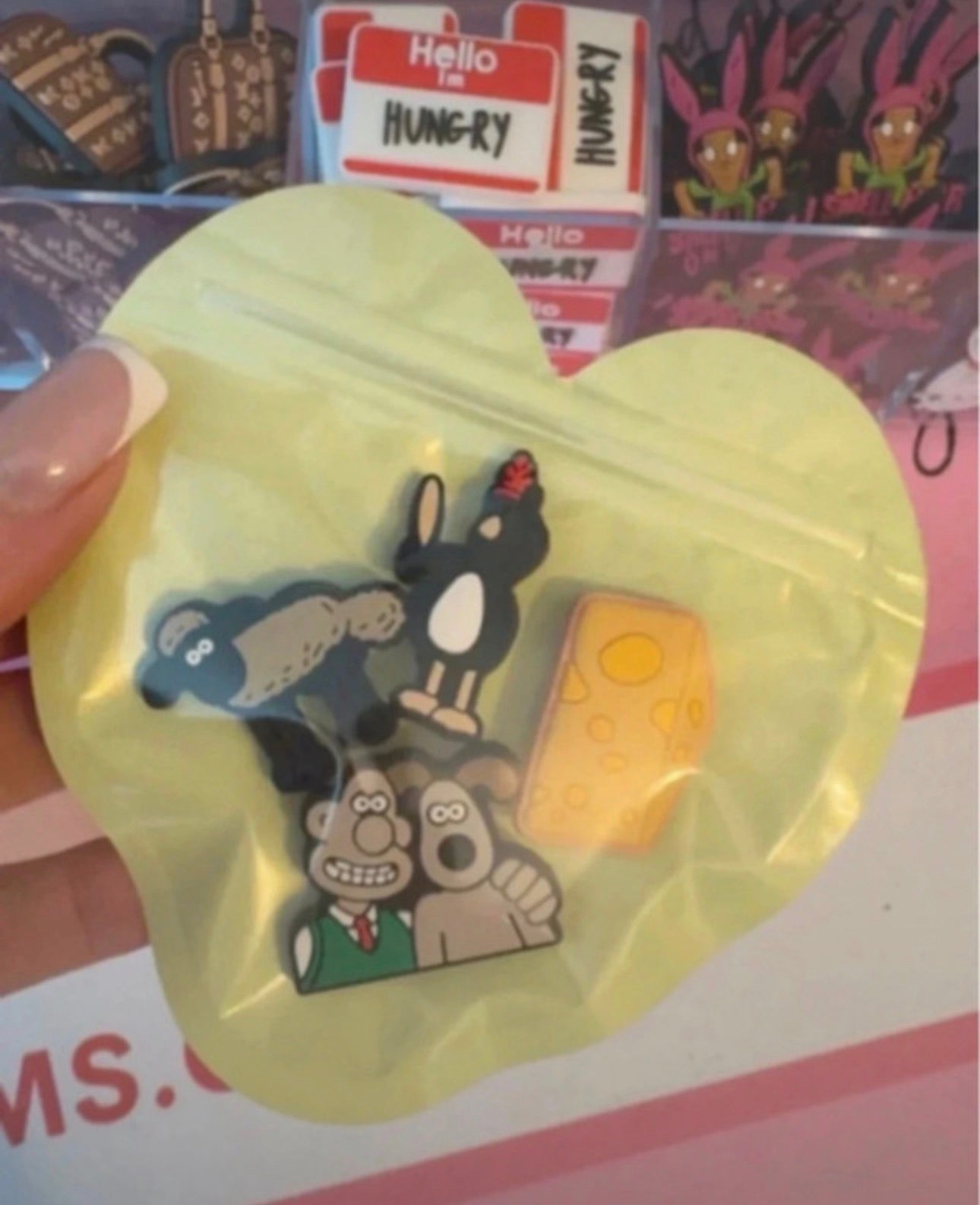 Cheese & Inventor Croc Charm bundle x4 – Clay Animation-Inspired Shoe Charms, British Cartoon Nostalgia - British Croc charms with cheese, sheep and dog designs
