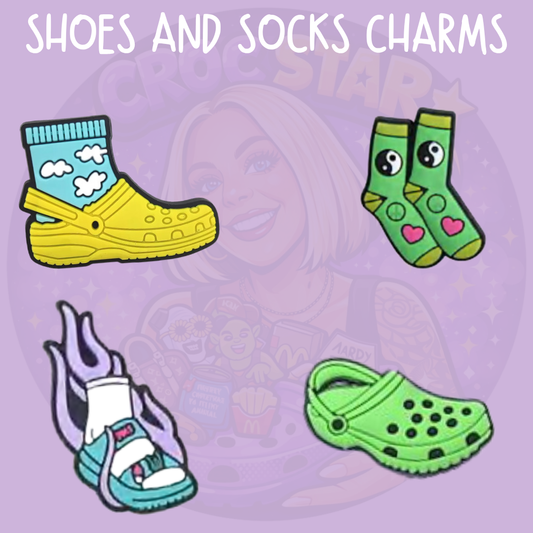 Shoes and socks Croc charms featuring a yellow clog, green patterned socks, flaming trainer and green clog