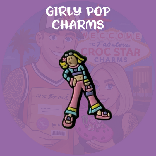 A vibrant set of Croc charms with a girly, groovy vibe, featuring colorful designs like peace signs, hearts, flowers, smiley faces, and retro-style fashion icons. Made from soft rubber, these fun and feminine charms bring a playful, throwback flair to any pair of Crocs.