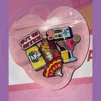 Assorted croc charms collection pack and bundle pack for shoes with colourful decorative shoe charms, themed charms for Crocs™, sandals and footwear accessories, fun and trendy charms set for kids and adults, mixed design croc shoe accessories with hearts, stars, emojis, animals and seasonal motifs, premium collectible pack of shoe charms ideal for personalization, gift set, bulk croc charms bundle, spain croc charms, travel croc charm, holiday charm, croc charm bundle pack assorted styles 
