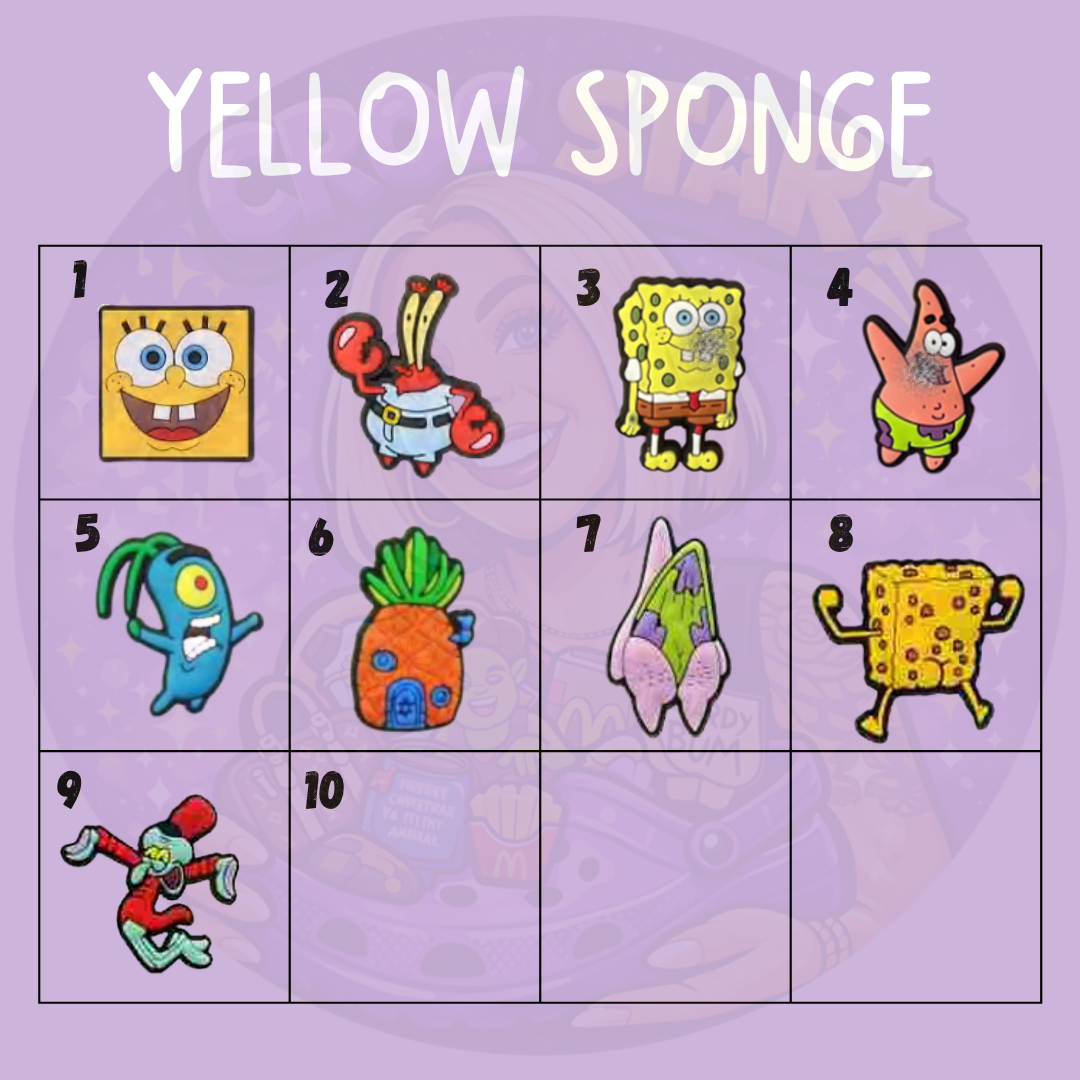 Colourful underwater cartoon shoe charms featuring a yellow sponge, starfish, crab, pineapple home and quirky characters
