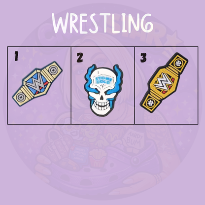 Wrestling themed shoe charms with gold championship belts and a blue flame skull design