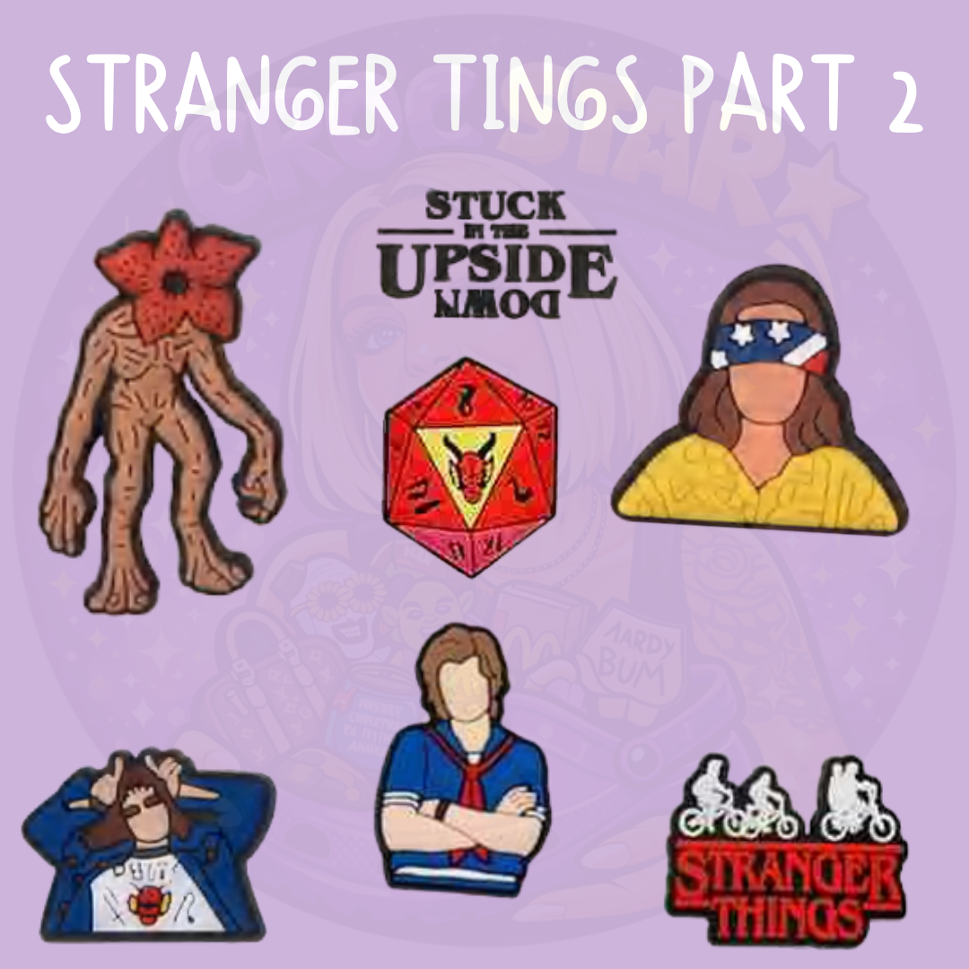 Stranger Things Part 2 Croc Charms featuring iconic character and Upside Down designs