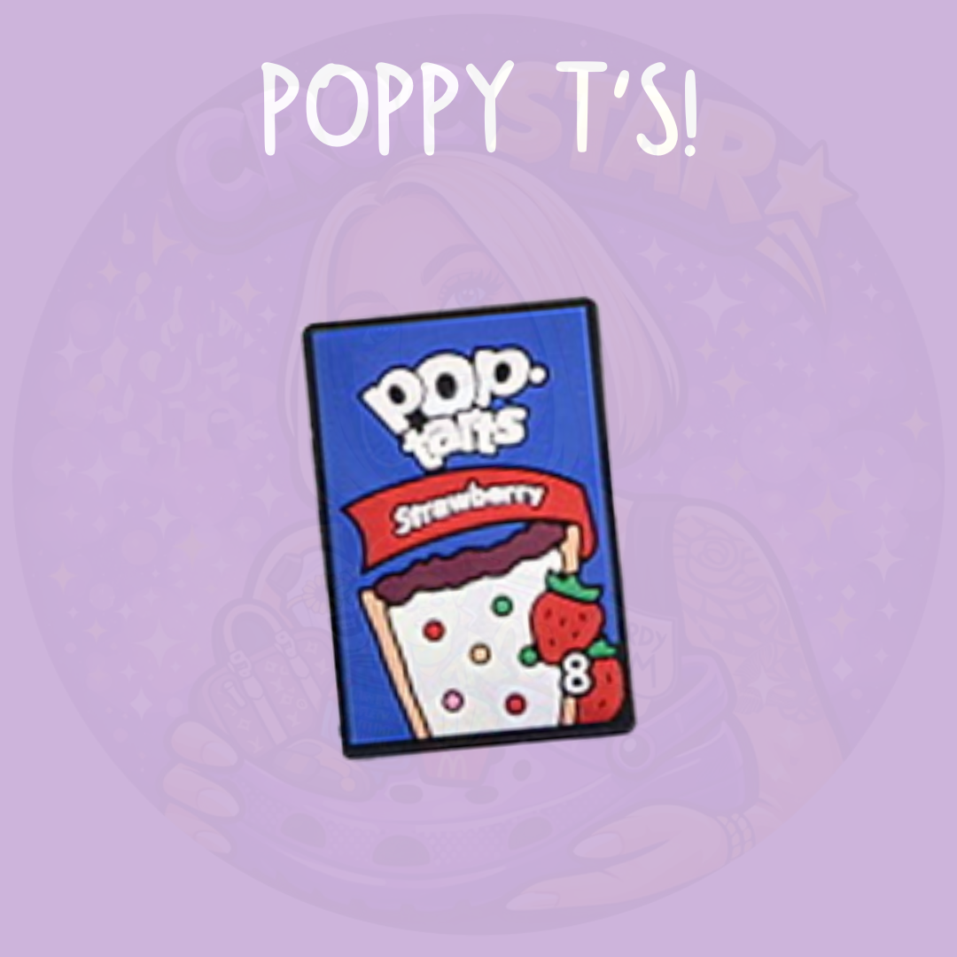 Blue strawberry breakfast pastry shoe charm with pink icing, colourful sprinkles and strawberry details