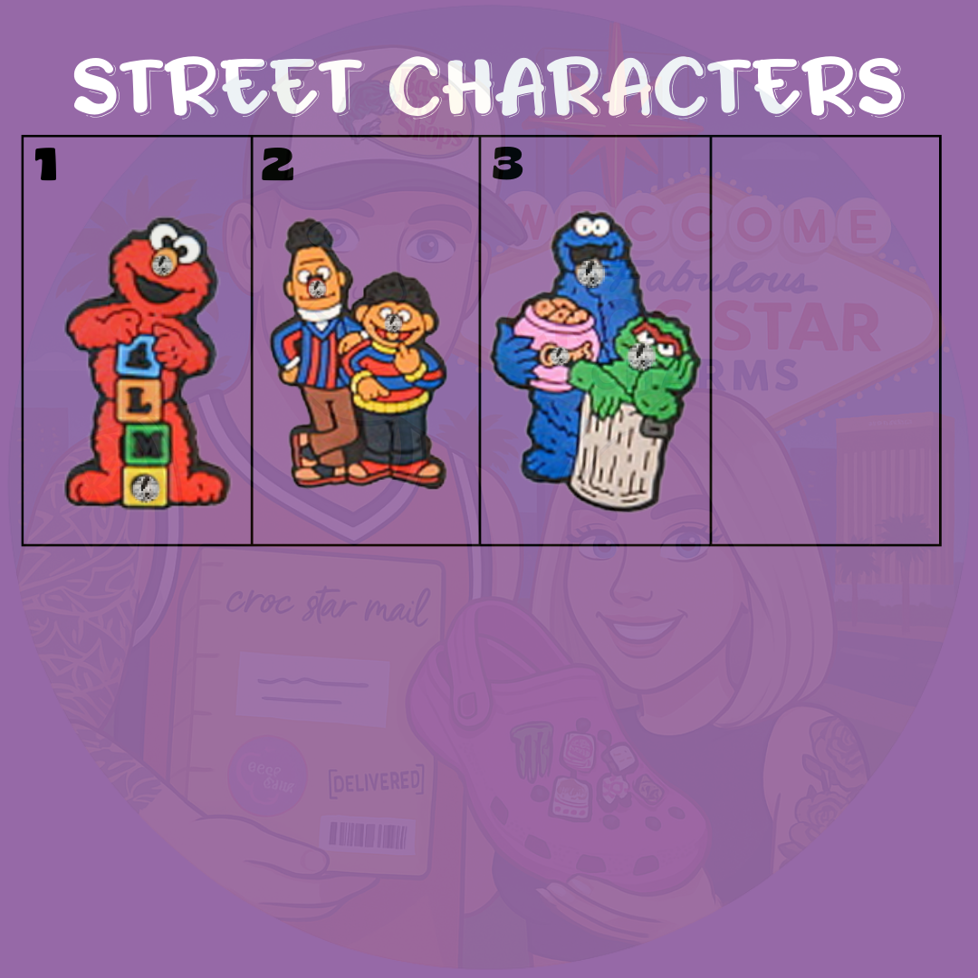 A colorful set of Croc charms featuring cheerful, fuzzy monster characters with big eyes and playful expressions. Designs include a red character with a round nose, a blue cookie-loving monster, a yellow bird, and other friendly figures from a classic children's puppet show. Made from soft rubber, perfect for adding a fun and nostalgic touch to Crocs.