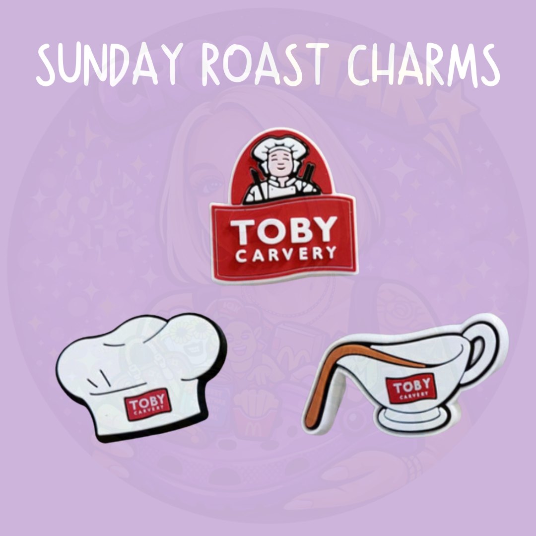 Sunday roast themed shoe charms featuring British food designs