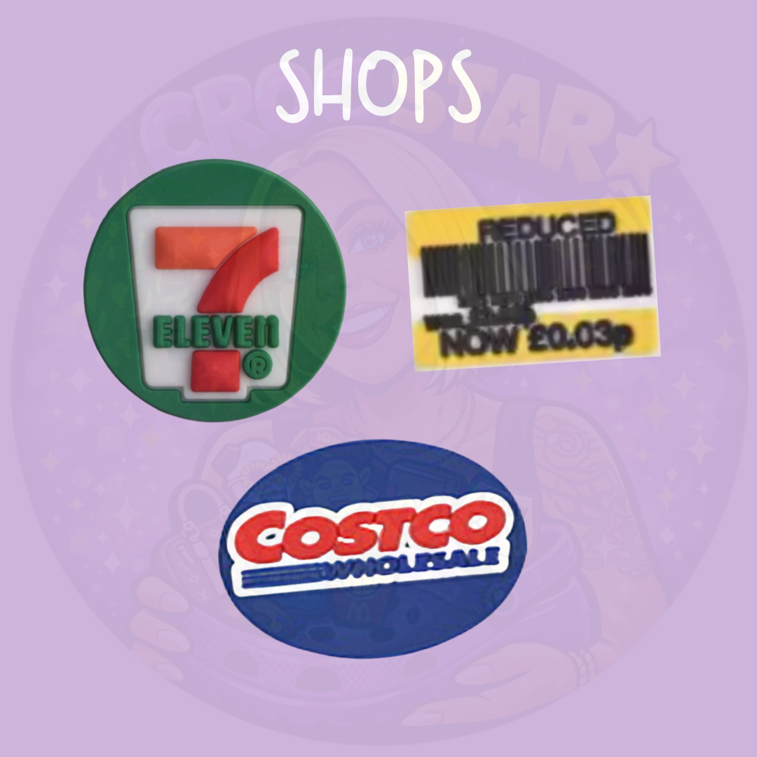Three supermarket and shopping-themed shoe charms featuring retail logos and a reduced-price sticker