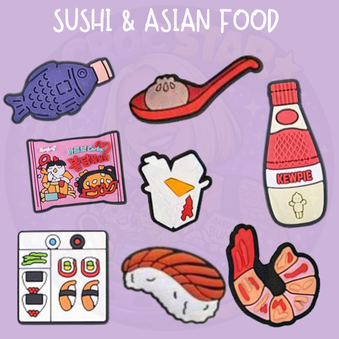 Collection of colourful Japanese food-themed shoe charms featuring sushi, sauces and snack designs