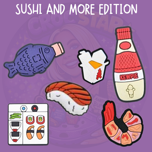 Sushi Croc charms featuring salmon nigiri, shrimp sushi, sushi selection box, fish-shaped bottle and Japanese condiment bottle