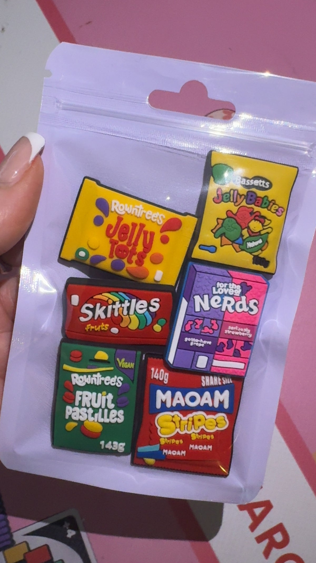 6 piece sweet shop Croc charm bundle featuring Jelly Tots, Jelly Babies, Skittles, Nerds, Fruit Pastilles and MAOAM