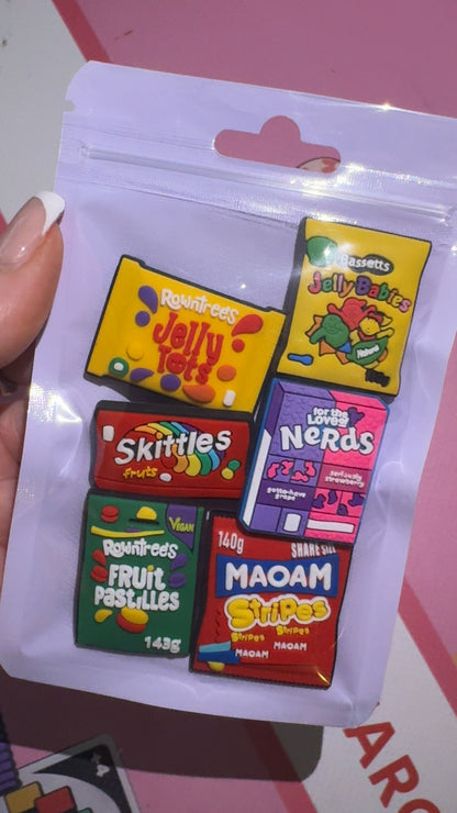 6 piece sweet shop Croc charm bundle featuring Jelly Tots, Jelly Babies, Skittles, Nerds, Fruit Pastilles and MAOAM