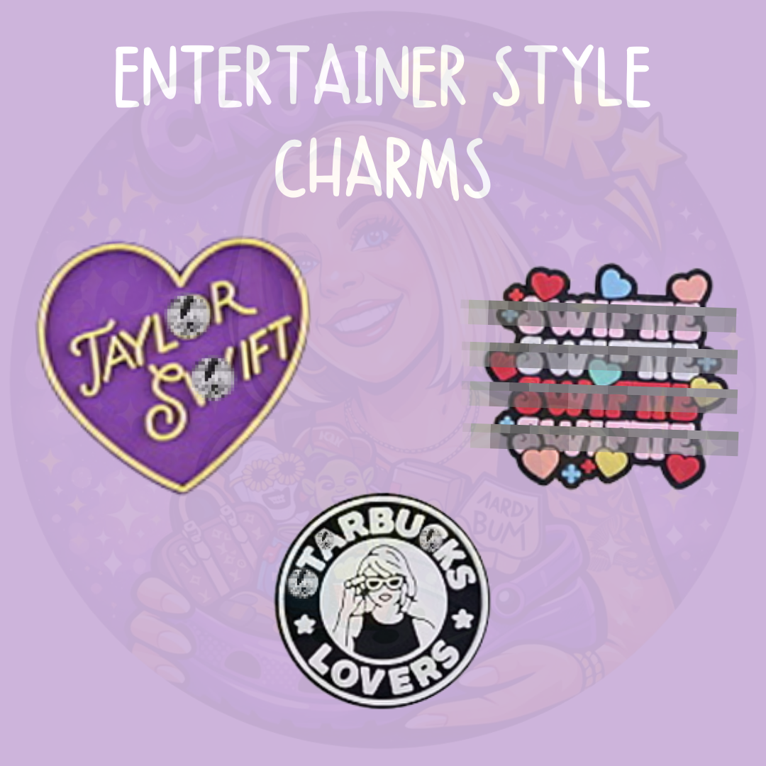 Swiftie-inspired music Croc Charms featuring pop star and music fan designs