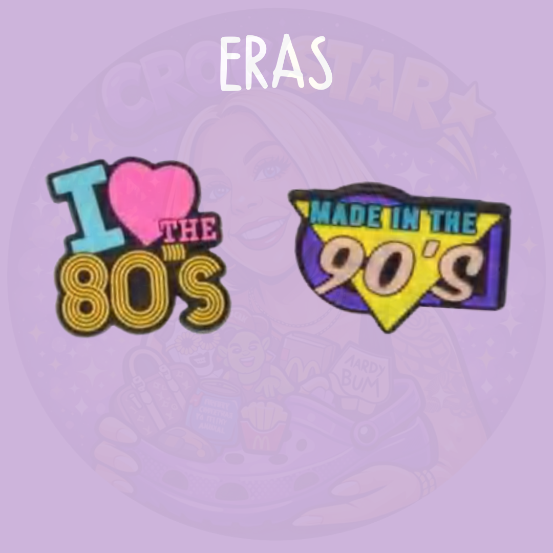Retro music shoe charms featuring colourful 80s and 90s inspired designs with nostalgic pop culture lettering