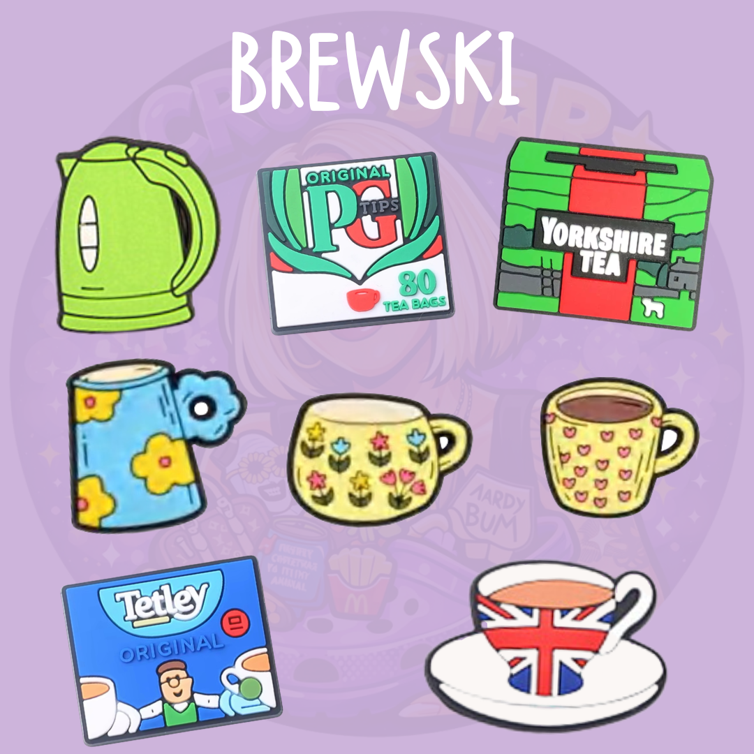 British tea Croc charms featuring Yorkshire Tea, PG Tips, Tetley, teacups and kettle designs