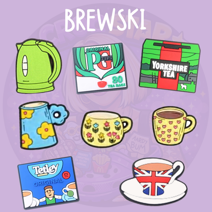British tea Croc charms featuring Yorkshire Tea, PG Tips, Tetley, teacups and kettle designs