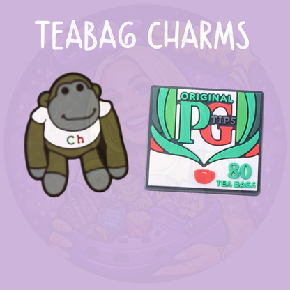 Tea Croc charms featuring a PG Tips tea box and tea-loving monkey design