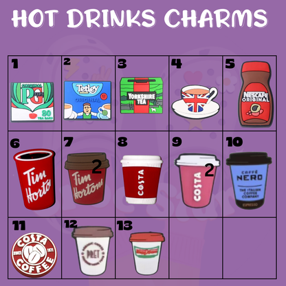 British tea-themed Croc shoe charms featuring iconic tea cups and popular British tea bag brands. Perfect for tea lovers and fans of classic British culture, these charms add a charming and cozy touch to your Crocs