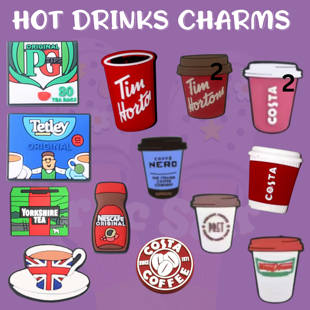 British tea-themed Croc shoe charms featuring iconic tea cups and popular British tea bag brands. Perfect for tea lovers and fans of classic British culture, these charms add a charming and cozy touch to your Crocs or other footwear