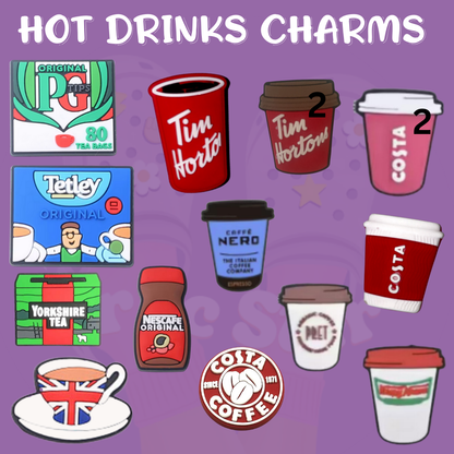 British tea-themed Croc shoe charms featuring iconic tea cups and popular British tea bag brands. Perfect for tea lovers and fans of classic British culture, these charms add a charming and cozy touch to your Crocs or other footwear