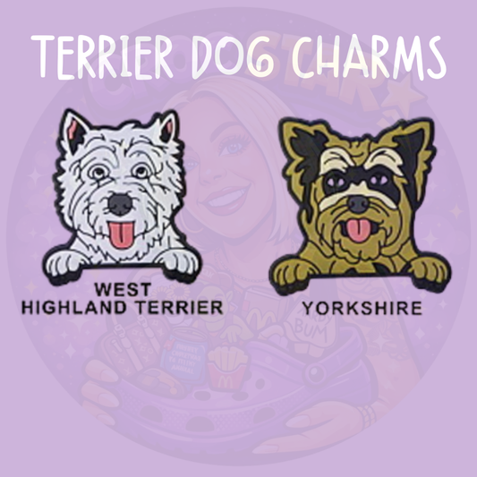 Terrier dog croc charms featuring West Highland Terrier and Yorkshire Terrier
