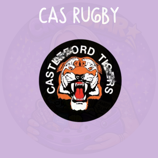 Orange and black tiger rugby inspired croc charm with fierce tiger face design on a black circular background