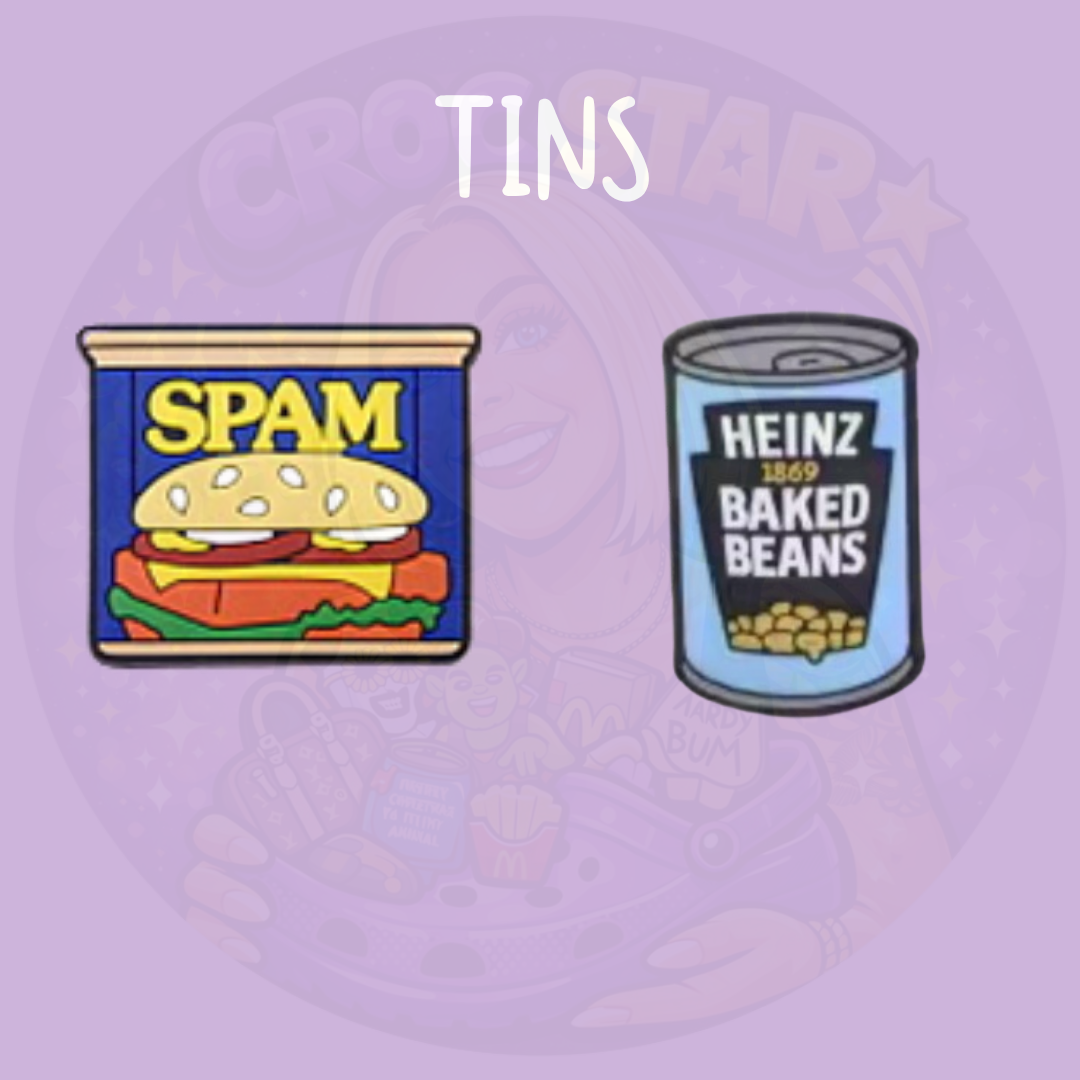 Two tinned food shoe charms featuring a luncheon meat tin and a baked beans can