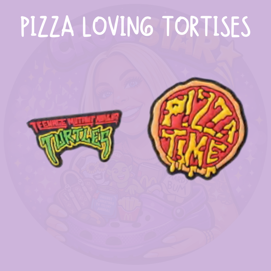 TMNT Croc charms featuring Teenage Mutant Ninja Turtles logo and pizza-themed turtle design Teenage Mutant Ninja Turtles shoe charms featuring pizza-loving turtle designs for Crocs and clogs