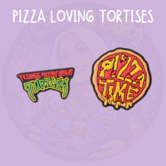 TMNT Croc charms featuring Teenage Mutant Ninja Turtles logo and pizza-themed turtle design Teenage Mutant Ninja Turtles shoe charms featuring pizza-loving turtle designs for Crocs and clogs