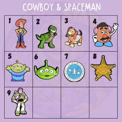 Toy Story character shoe charms featuring Woody cowboy, Buzz spaceman, Aliens, Rex dinosaur, Slinky and Mr Potato Head designs