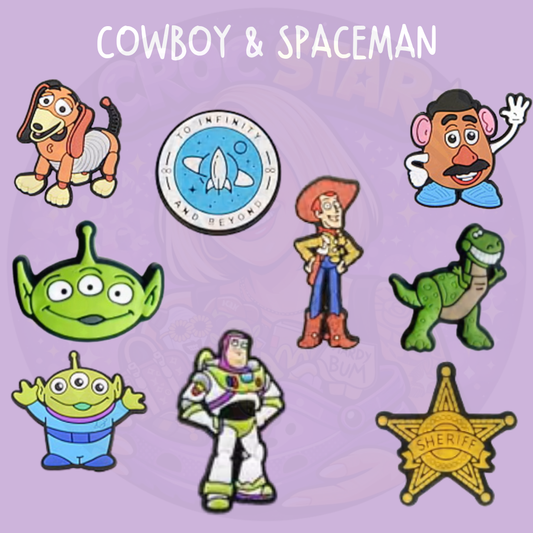 Toy Story Croc charms featuring Woody, Buzz Lightyear, green aliens, Rex, Slinky and sheriff badge designs, Toy Story character shoe charms featuring Woody cowboy, Buzz spaceman, Aliens, Rex dinosaur, Slinky and Mr Potato Head designs
