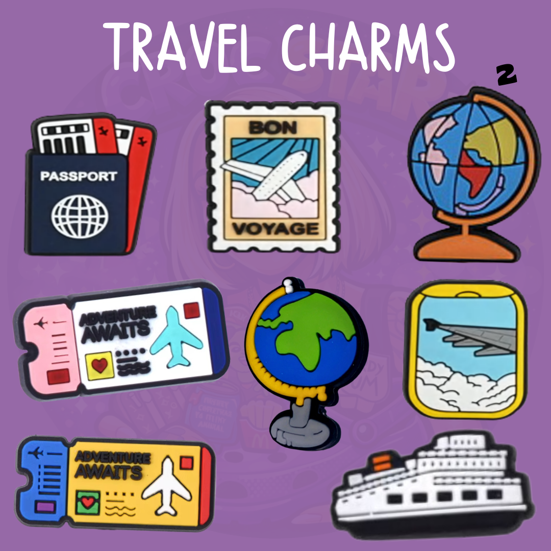 Travel Croc charms featuring passport, Bon Voyage stamp, globe, boarding pass, aeroplane and cruise ship designs