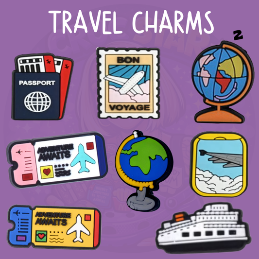 Travel Croc charms featuring passport, Bon Voyage stamp, globe, boarding pass, aeroplane and cruise ship designs