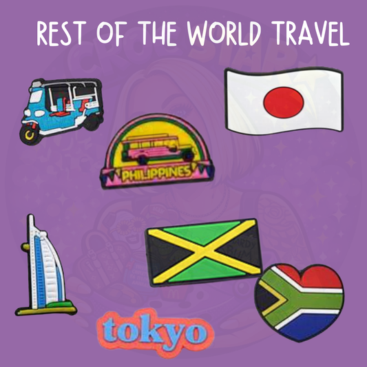 Travel Croc charms featuring Philippines, Japan, Jamaica and South Africa inspired designs alongside colourful holiday imagery