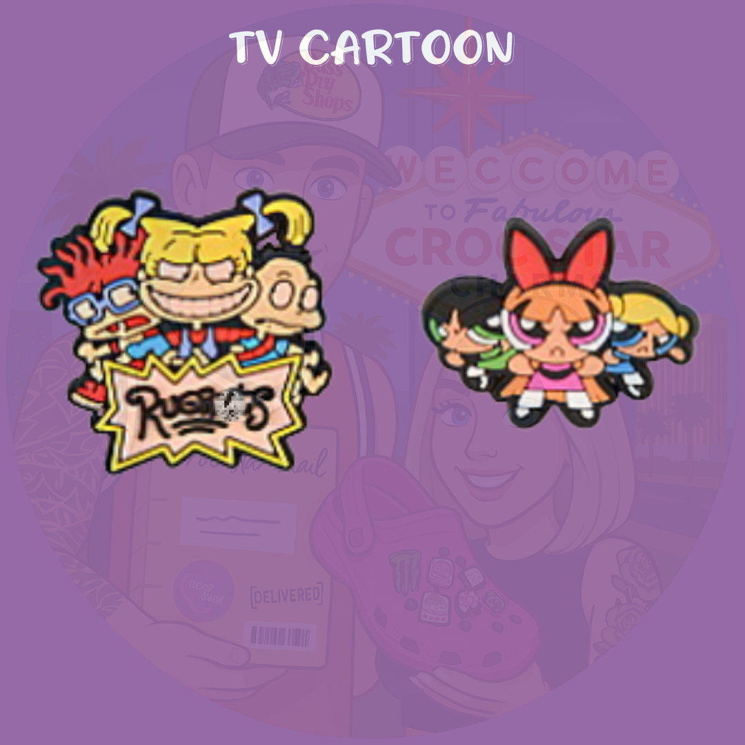 A fun assortment of Croc charms inspired by popular cartoon TV shows, featuring colorful characters, logos, and iconic items from various animated series. Made from soft rubber, these charms snap into Crocs holes to add a playful and nostalgic touch for fans of all ages.