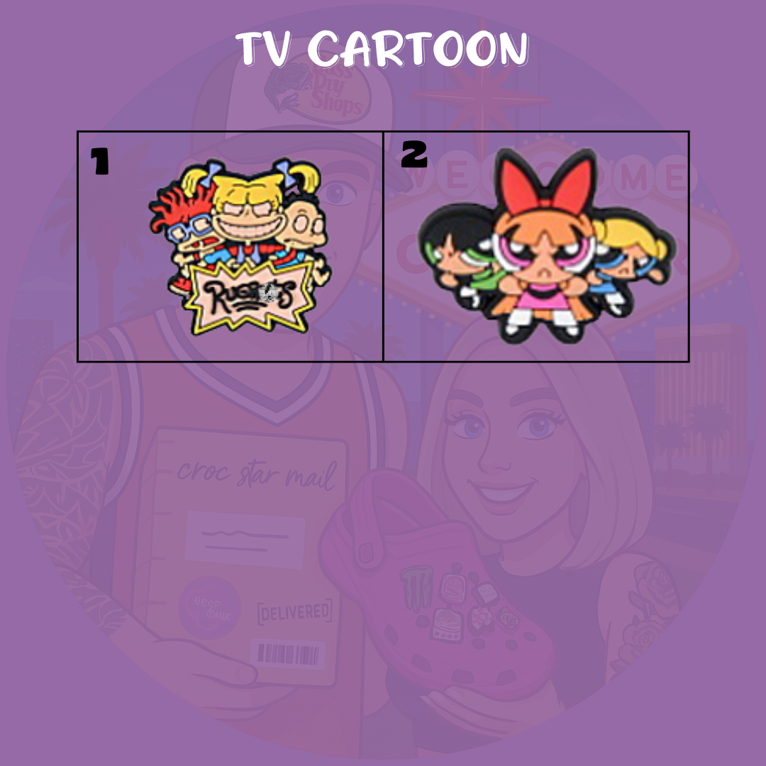 A fun assortment of Croc charms inspired by popular cartoon TV shows, featuring colorful characters, logos, and iconic items from various animated series. Made from soft rubber, these charms snap into Crocs holes to add a playful and nostalgic touch for fans of all ages.