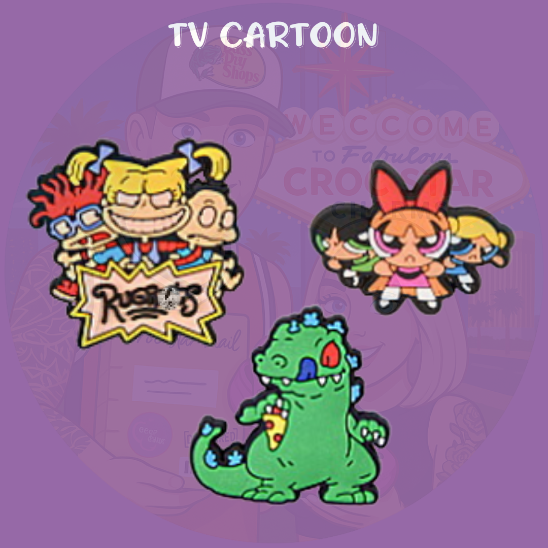 A fun assortment of Croc charms inspired by popular cartoon TV shows, featuring colorful characters, logos, and iconic items from various animated series. Made from soft rubber, these charms snap into Crocs holes to add a playful and nostalgic touch for fans of all ages.