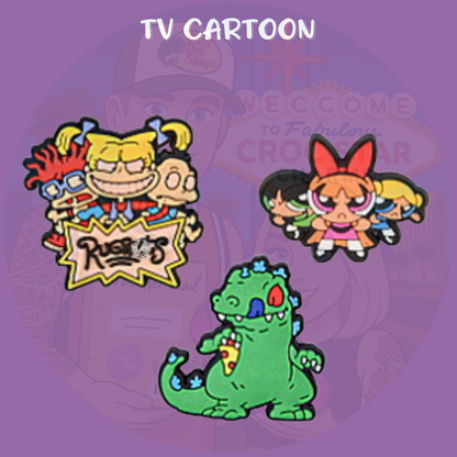 A fun assortment of Croc charms inspired by popular cartoon TV shows, featuring colorful characters, logos, and iconic items from various animated series. Made from soft rubber, these charms snap into Crocs holes to add a playful and nostalgic touch for fans of all ages.